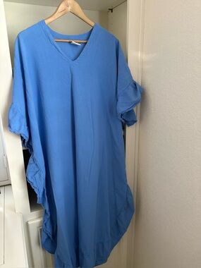 Drawstrings of Malibu Gauze Pre Shrunk Kaftan Blue Dress ruffles Lagenlook OS